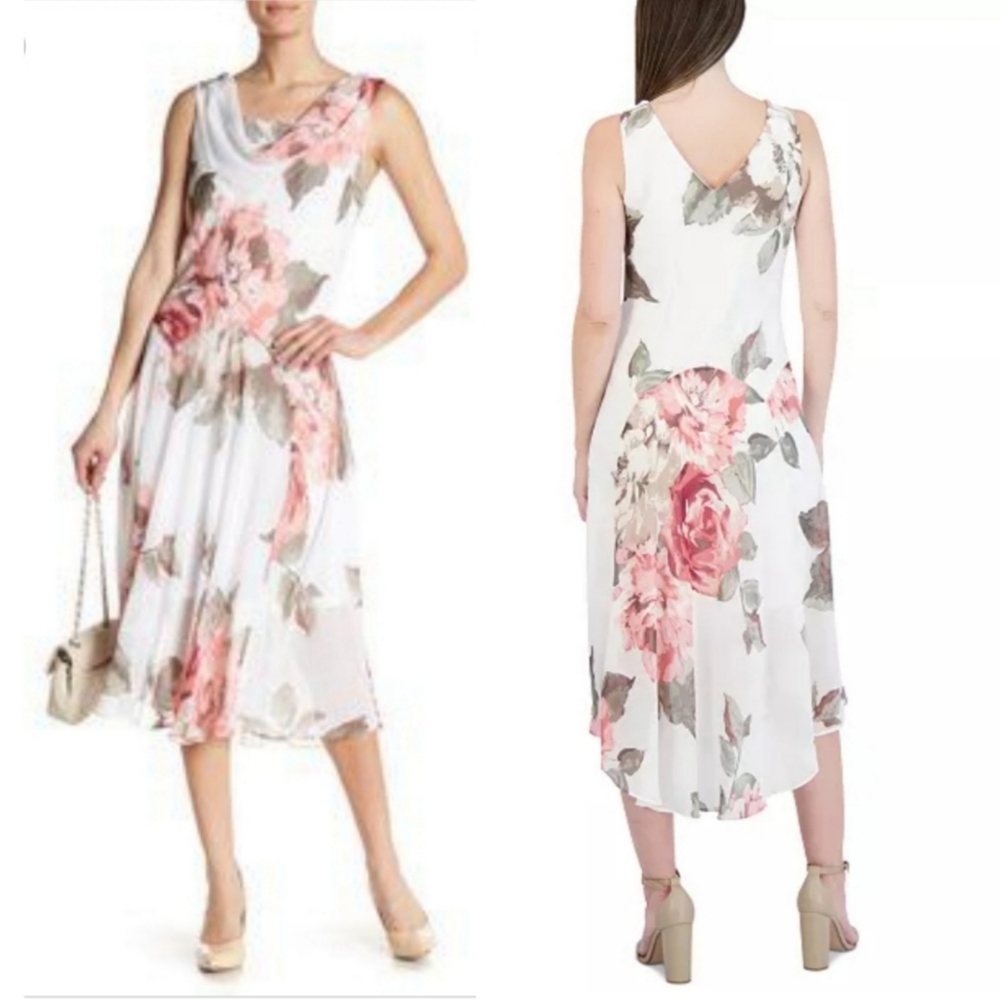 🆕️⬇️SIGNATURE by Robbie Bee White Rose Cowlneck Chiffon Dress